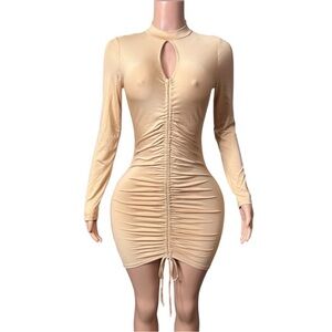 Sexy Long Sleeve Beige Ruched Dress